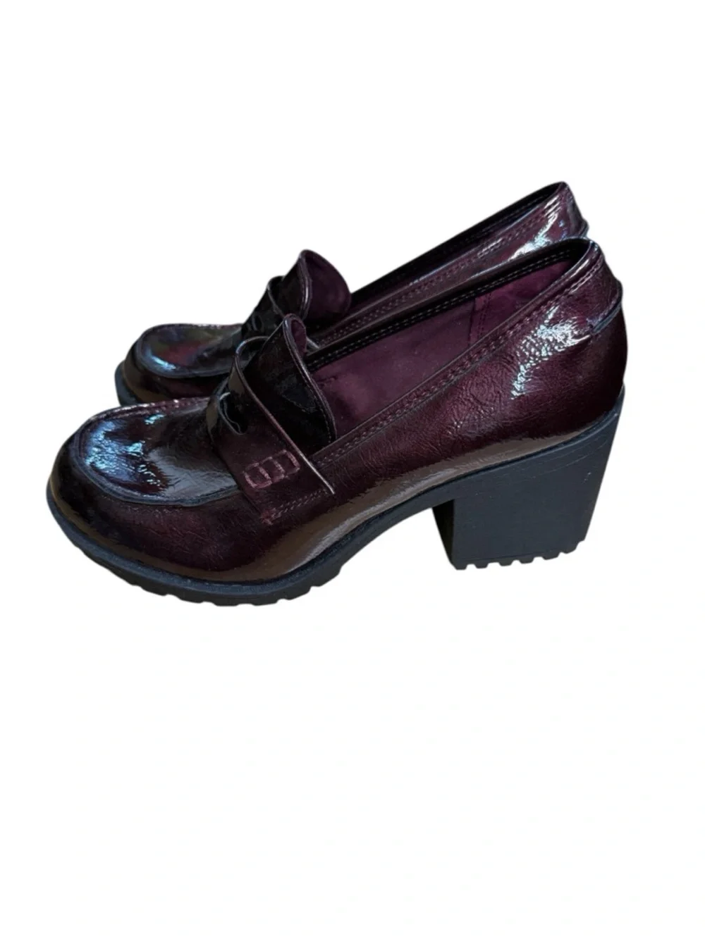True Craft Faux Patent Leather Platform Block Heel Loafers in Burgundy Size 7.5